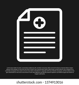 Black Medical clipboard with clinical record icon isolated on black background. Health insurance form. Prescription, medical check marks report. Vector Illustration