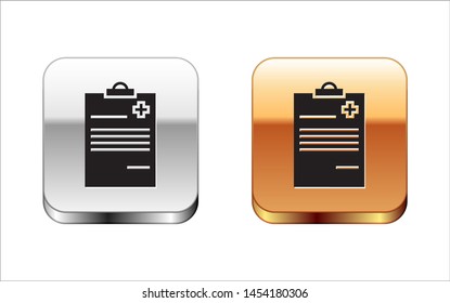 Black Medical clipboard with clinical record icon isolated on white background. Health insurance form. Prescription, medical check marks report. Silver-gold square button. Vector Illustration