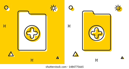 Black Medical clipboard with clinical record icon isolated on yellow and white background. Health insurance form. Prescription, medical check marks report. Random dynamic shapes. Vector Illustration
