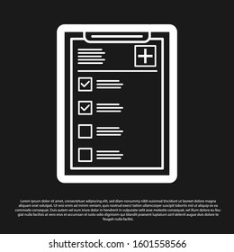 Black Medical clipboard with clinical record icon isolated on black background. Health insurance form. Prescription, medical check marks report.  Vector Illustration