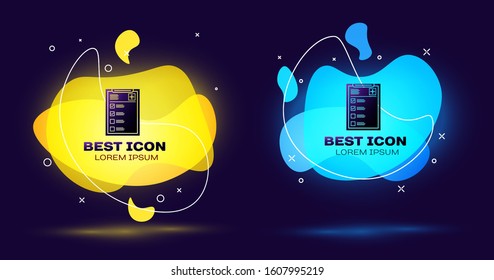 Black Medical clipboard with clinical record icon on blue background. Health insurance form. Prescription, medical check marks report. Set abstract banner with liquid shapes. Vector Illustration