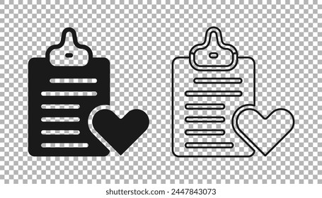 Black Medical clipboard with clinical record icon isolated on transparent background. Prescription, medical check marks report.  Vector