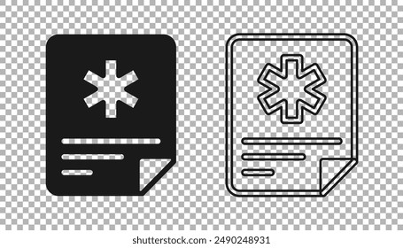 Black Medical clipboard with clinical record icon isolated on transparent background. Prescription, medical check marks report.  Vector