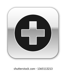 Black Medical cross in circle icon isolated on white background. First aid medical symbol. Silver square button. Vector Illustration