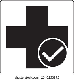 A black medical cross symbol with a checkmark