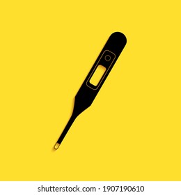 Black Medical digital thermometer for medical examination icon isolated on yellow background. Long shadow style. Vector.