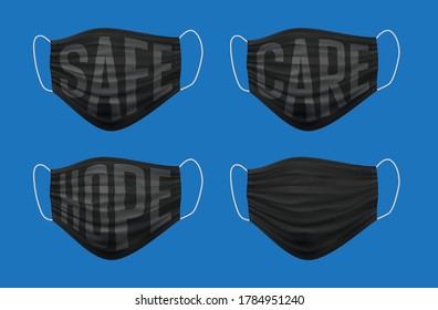 Black medical face mask with some text related to coronavirus covid-19 in realistic 3D illustration