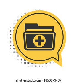 Black Medical health record folder for healthcare icon isolated on white background. Patient file icon. Medical history symbol. Yellow speech bubble symbol. Vector.