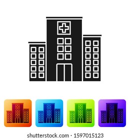 Black Medical hospital building with cross icon isolated on white background. Medical center. Health care. Set icons in color square buttons. Vector Illustration