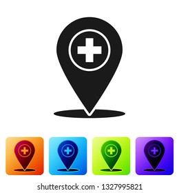 Black Medical map pointer with cross hospital icon isolated on white background. Set icon in color square buttons. Vector Illustration