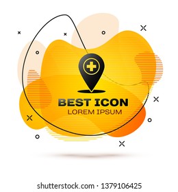 Black Medical map pointer with cross hospital icon isolated on white background. Fluid color banner. Vector Illustration