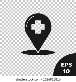 Black Medical map pointer with cross hospital icon isolated on transparent background.  Vector Illustration