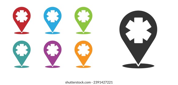 Black Medical map pointer with cross hospital icon isolated on white background. Set icons colorful. Vector