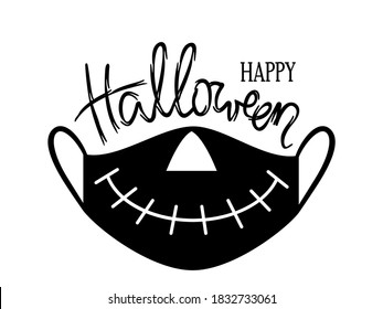 Black medical mask for the holiday Happy Halloween. Greeting card with hand lettering brush. flat vector illustration isolated on white background