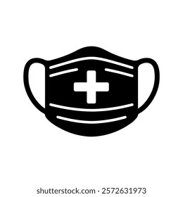 Black medical mask with white plus silhouette vector icon illustration design on white background.