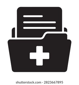 Black medical records folder icon showing paper file with lines and hospital symbol on white background flat design.