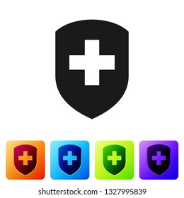 Black Medical shield with cross icon isolated on white background. Health protection concept. Safety badge icon. Privacy banner. Security label. Set icon in color square buttons. Vector Illustration