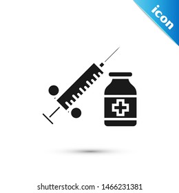 Black Medical syringe with needle and vial or ampoule icon isolated on white background. Vaccination, injection, vaccine, insulin concept.  Vector Illustration
