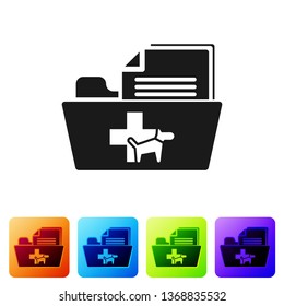 Black Medical veterinary record folder icon isolated on white background. Dog or cat paw print. Document for pet. Patient file icon. Set icon in color square buttons. Vector Illustration