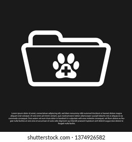 Black Medical veterinary record folder icon isolated on black background. Dog or cat paw print. Document for pet. Patient file icon. Vector Illustration