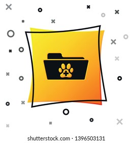 Black Medical veterinary record folder icon isolated on white background. Dog or cat paw print. Document for pet. Patient file icon. Yellow square button. Vector Illustration