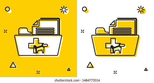 Black Medical veterinary record folder icon isolated on yellow and white background. Dog or cat paw print. Document for pet. Patient file icon. Random dynamic shapes. Vector Illustration