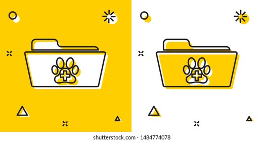 Black Medical veterinary record folder icon isolated on yellow and white background. Dog or cat paw print. Document for pet. Patient file icon. Random dynamic shapes. Vector Illustration