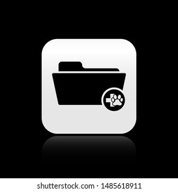 Black Medical veterinary record folder icon isolated on black background. Dog or cat paw print. Document for pet. Patient file icon. Silver square button. Vector Illustration