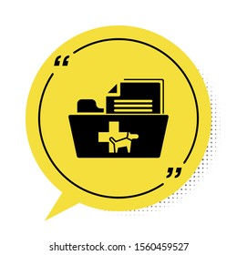 Black Medical veterinary record folder icon isolated on white background. Dog or cat paw print. Document for pet. Patient file icon. Yellow speech bubble symbol. Vector Illustration