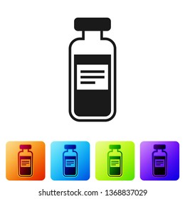 Black Medical vial, ampoule, bottle icon isolated on white background. Vaccination, injection, vaccine healthcare concept. Set icon in color square buttons. Vector Illustration