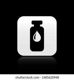Black Medical vial, ampoule, bottle icon isolated on black background. Vaccination, injection, vaccine healthcare concept. Silver square button. Vector Illustration