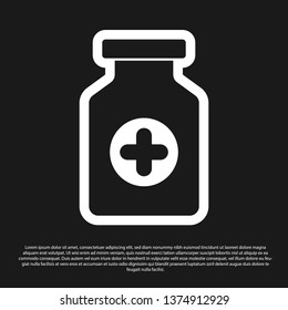 Black Medicine bottle icon isolated on black background. Bottle pill sign. Pharmacy design. Vector Illustration