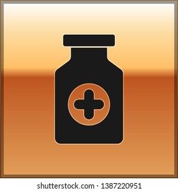 Black Medicine bottle icon isolated on gold background. Bottle pill sign. Pharmacy design. Vector Illustration