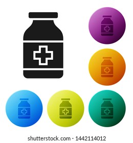 Black Medicine bottle icon isolated on white background. Bottle pill sign. Pharmacy design. Set icons colorful circle buttons. Vector Illustration