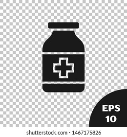 Black Medicine bottle icon isolated on transparent background. Bottle pill sign. Pharmacy design.  Vector Illustration