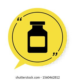 Black Medicine bottle icon isolated on white background. Bottle pill sign. Pharmacy design. Yellow speech bubble symbol. Vector Illustration