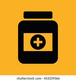 Black medicine bottle icon vector. Yellow background