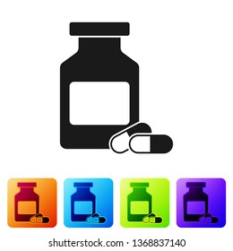 Black Medicine bottle and pills icon isolated on white background. Bottle pill sign. Pharmacy design. Set icon in color square buttons. Vector Illustration