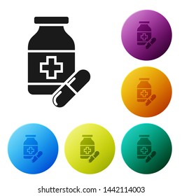 Black Medicine bottle and pills icon isolated on white background. Bottle pill sign. Pharmacy design. Set icons colorful circle buttons. Vector Illustration