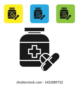 Black Medicine bottle and pills icon isolated on white background. Bottle pill sign. Pharmacy design. Set icons colorful square buttons. Vector Illustration Black Medicine bottle and pills icon isolated on white background. Bottle pill sign. Pharmacy design. Set icons colorful square buttons. Vector Illustration