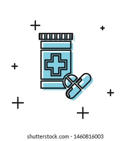 Black Medicine bottle and pills icon isolated on white background. Bottle pill sign. Pharmacy design.  Vector Illustration