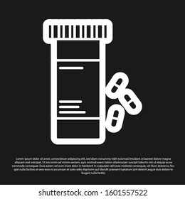 Black Medicine bottle and pills icon isolated on black background. Bottle pill sign. Pharmacy design.  Vector Illustration