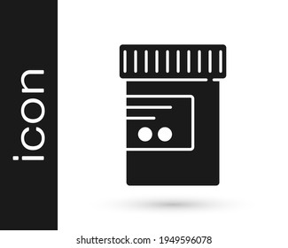 Black Medicine bottle and pills icon isolated on white background. Bottle pill sign. Pharmacy design.  Vector