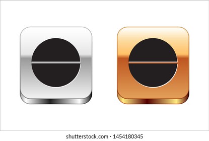 Black Medicine pill or tablet icon isolated on white background. Capsule pill and drug sign. Pharmacy design. Silver-gold square button. Vector Illustration