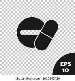 Black Medicine pill or tablet icon isolated on transparent background. Capsule pill and drug sign. Pharmacy design.  Vector Illustration