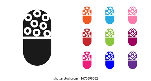 Black Medicine pill or tablet icon isolated on white background. Capsule pill and drug sign. Pharmacy design. Set icons colorful. Vector Illustration