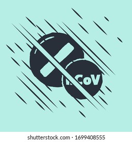 Black Medicine pill or tablet icon isolated on green background. Corona virus 2019-nCoV. Capsule pill and drug sign. Pharmacy design. Glitch style. Vector Illustration