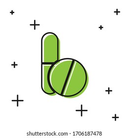 Black Medicine pill or tablet icon isolated on white background. Corona virus 2019-nCoV. Capsule pill and drug sign. Pharmacy design.  Vector Illustration