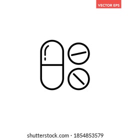 Black medicine pills line icon, simple health equipment flat design vector pictogram, infographic vector for app logo web website button banner ui ux interface elements isolated on white background