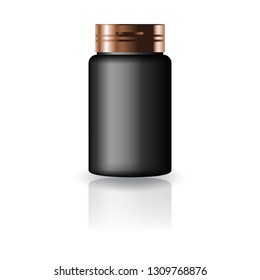 Black medicine round bottle with copper cap lid for beauty or healthy product. Isolated on white background with reflection shadow. Ready to use for package design. Vector illustration.